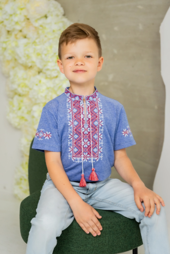 Boy's "Zoryan" short sleeve blue shirt with red embroidery