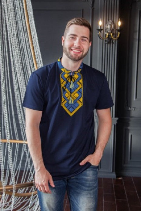 Men's short sleeve black shirt with blue & yellow embroidery