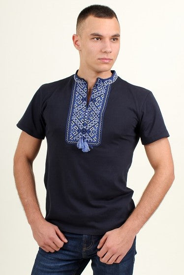 Men's short sleeve black shirt with blue embroidery Ridna